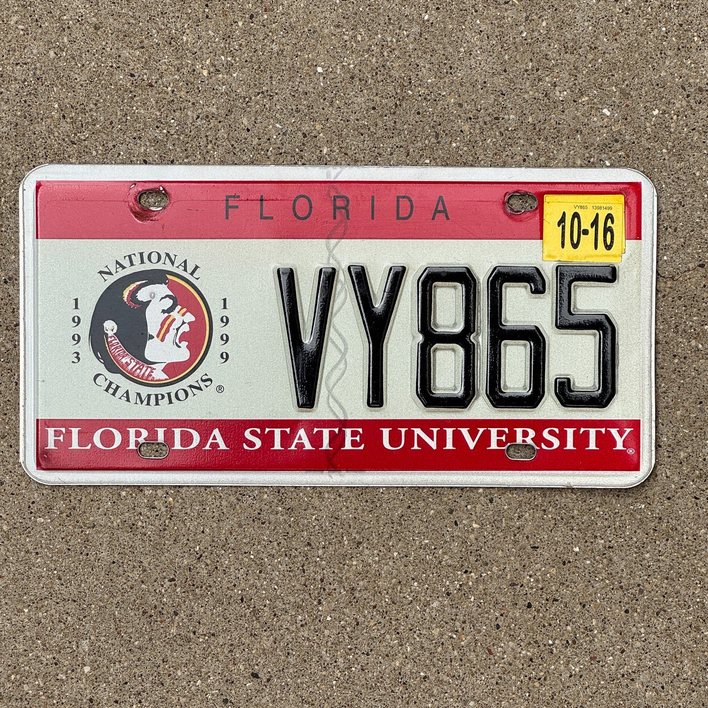 Photo of a 2000 2016 Florida Graphic / Specialty License Plate Auto Tag Garage Decor Vintage Florida State University Seminoles Champions VY 865