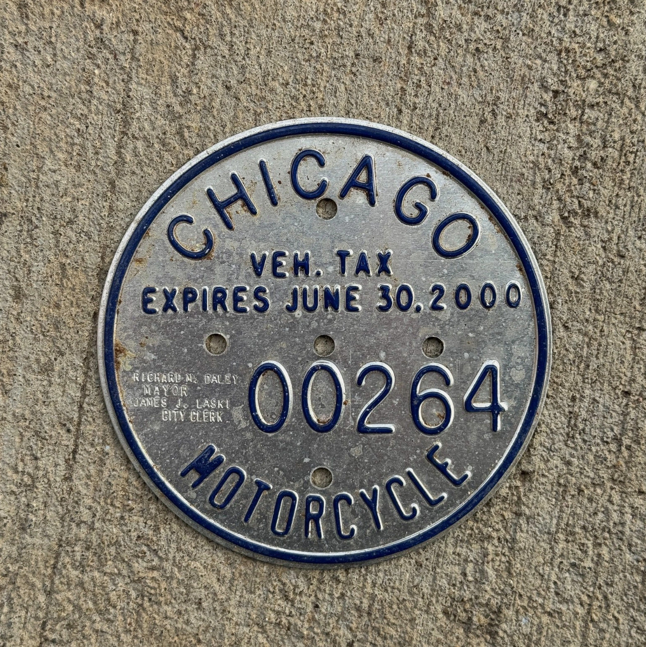 Photo of a 2000 Chicago MOTORCYCLE Tax Tag Disc Disk Medallion Auto Tag Garage Decor Vintage 00264