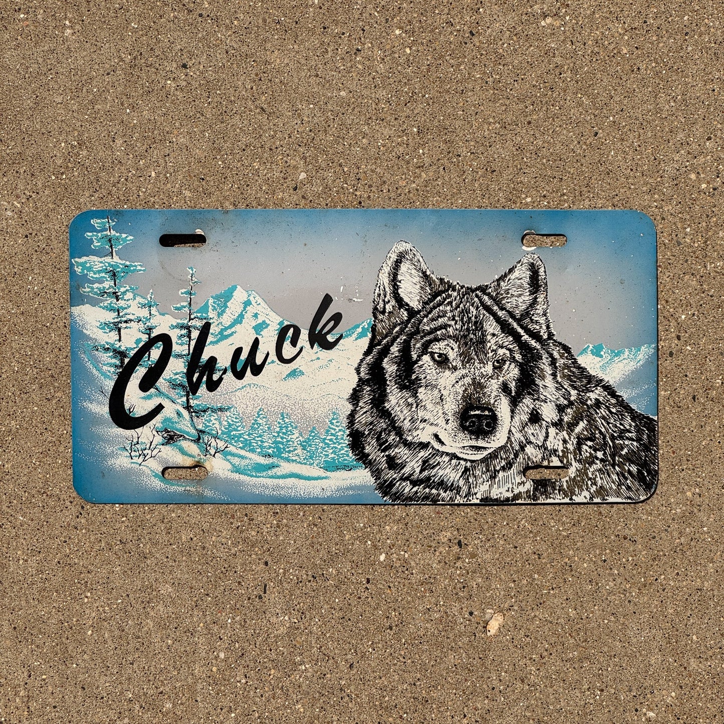 Photo of a 2000 Era Booster License Plate Auto Tag Garage Decor Vintage Wolf Winter CHUCK