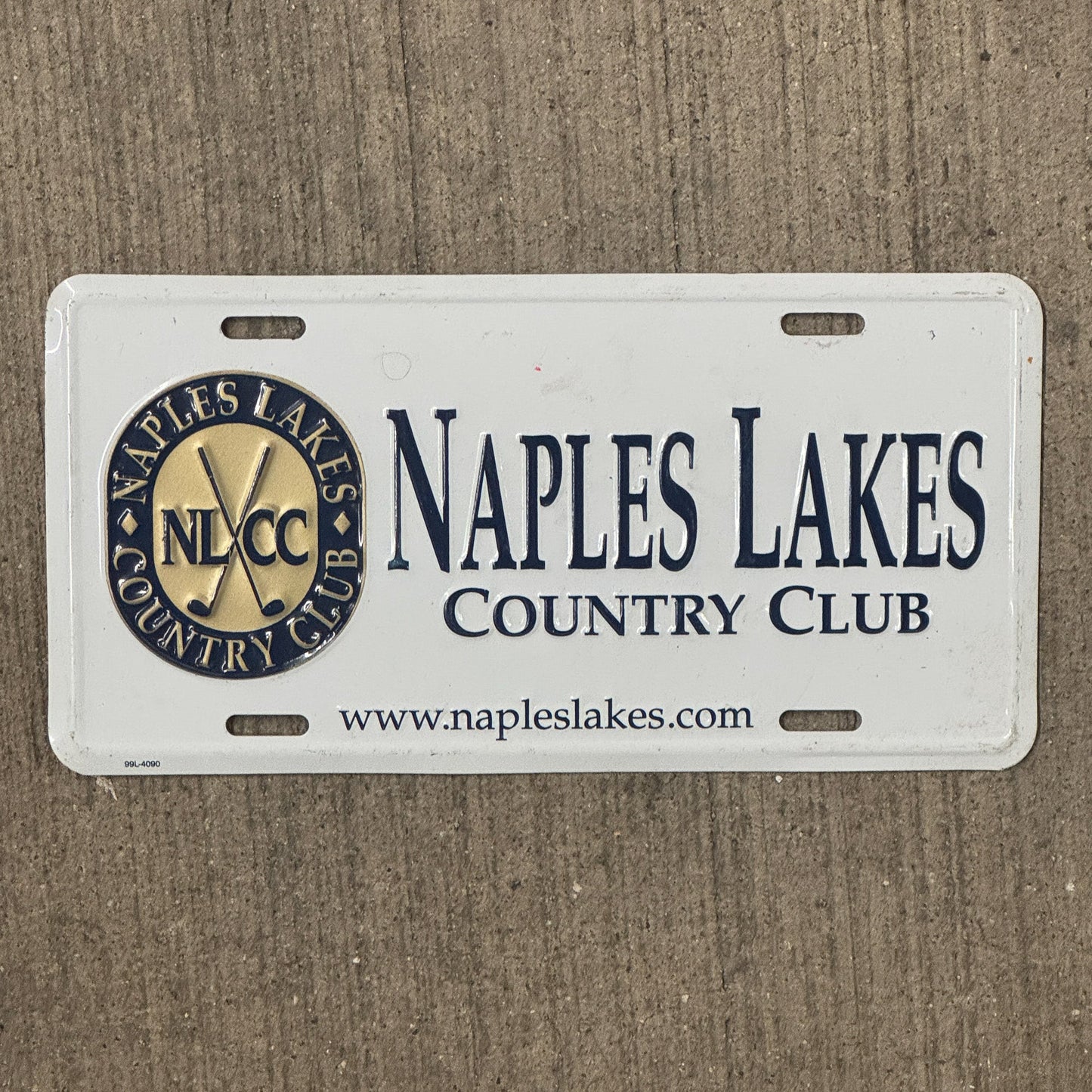 Photo of a 2000 Era Florida License Plate Booster License Plate Auto Tag Garage Decor Vintage Metal Golf Golfing Naples Lakes Country Club with original patina