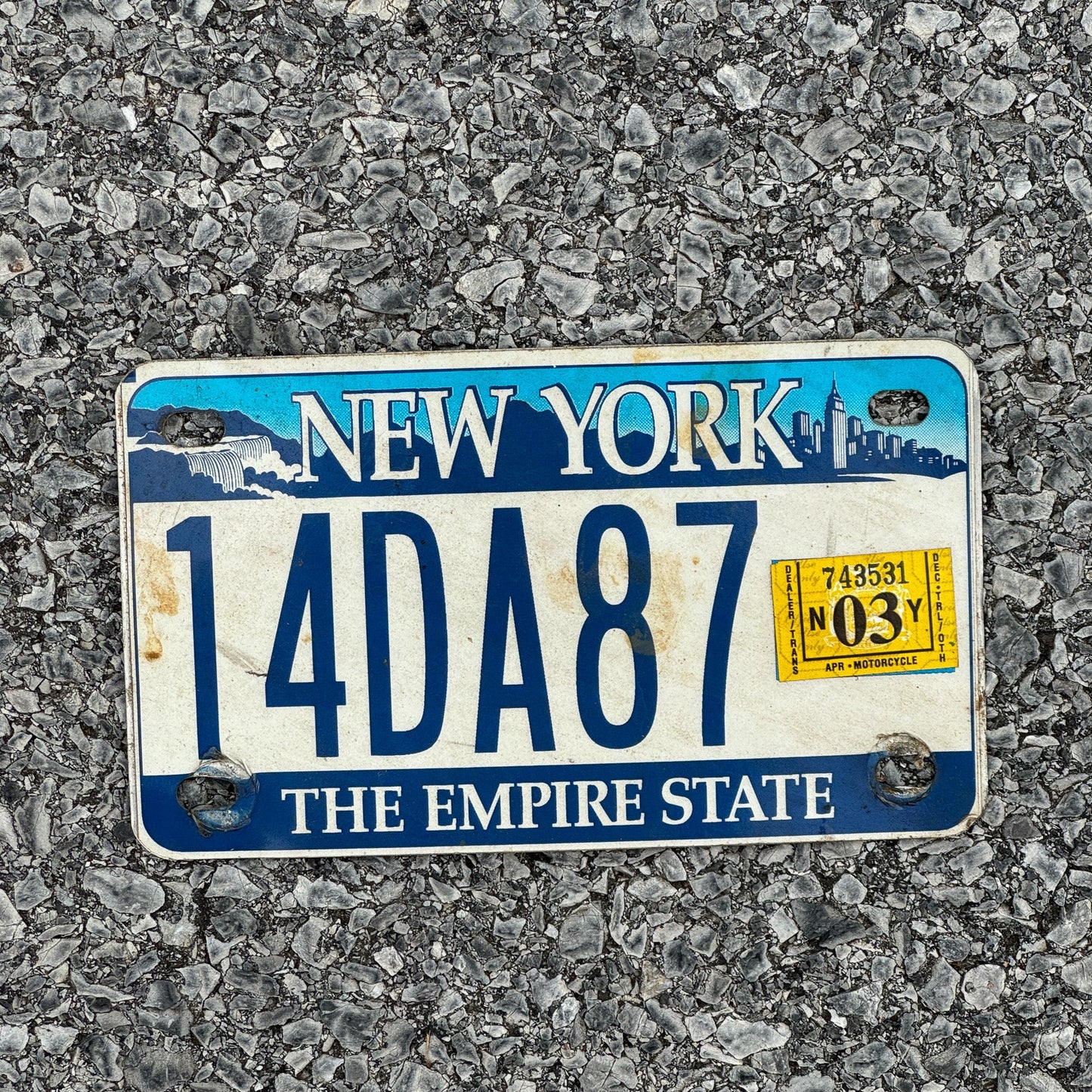 Photo of a 2001 2003 New York Motorcycle License Plate Auto Tag Garage Decor Vintage 14DA87