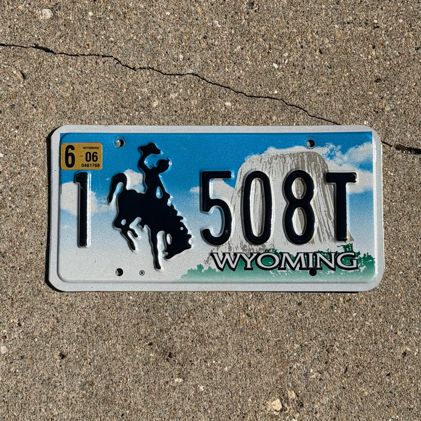 Photo of a 2001 2006 Wyoming License Plate Auto Tag Garage Decor Vintage Cowboy Rodeo 1 508 T with original patina