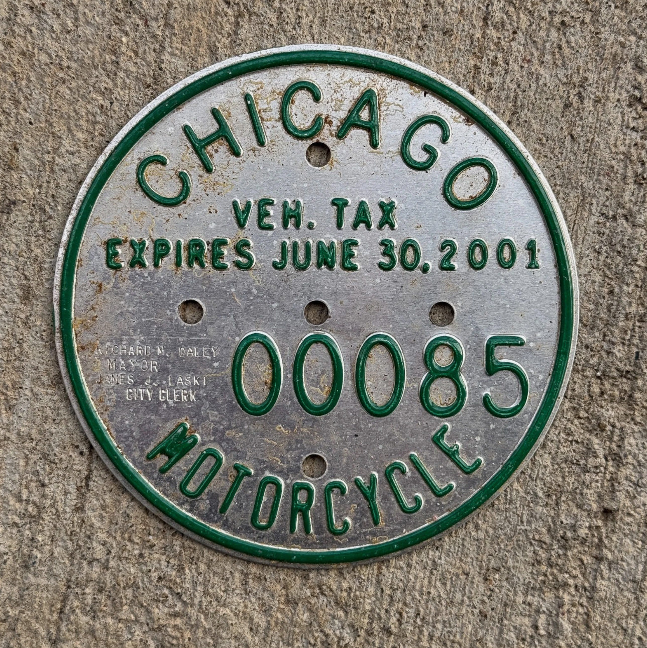 Photo of a 2001 Chicago MOTORCYCLE Tax Tag Disc Disk Medallion Auto Tag Garage Decor Vintage 00085