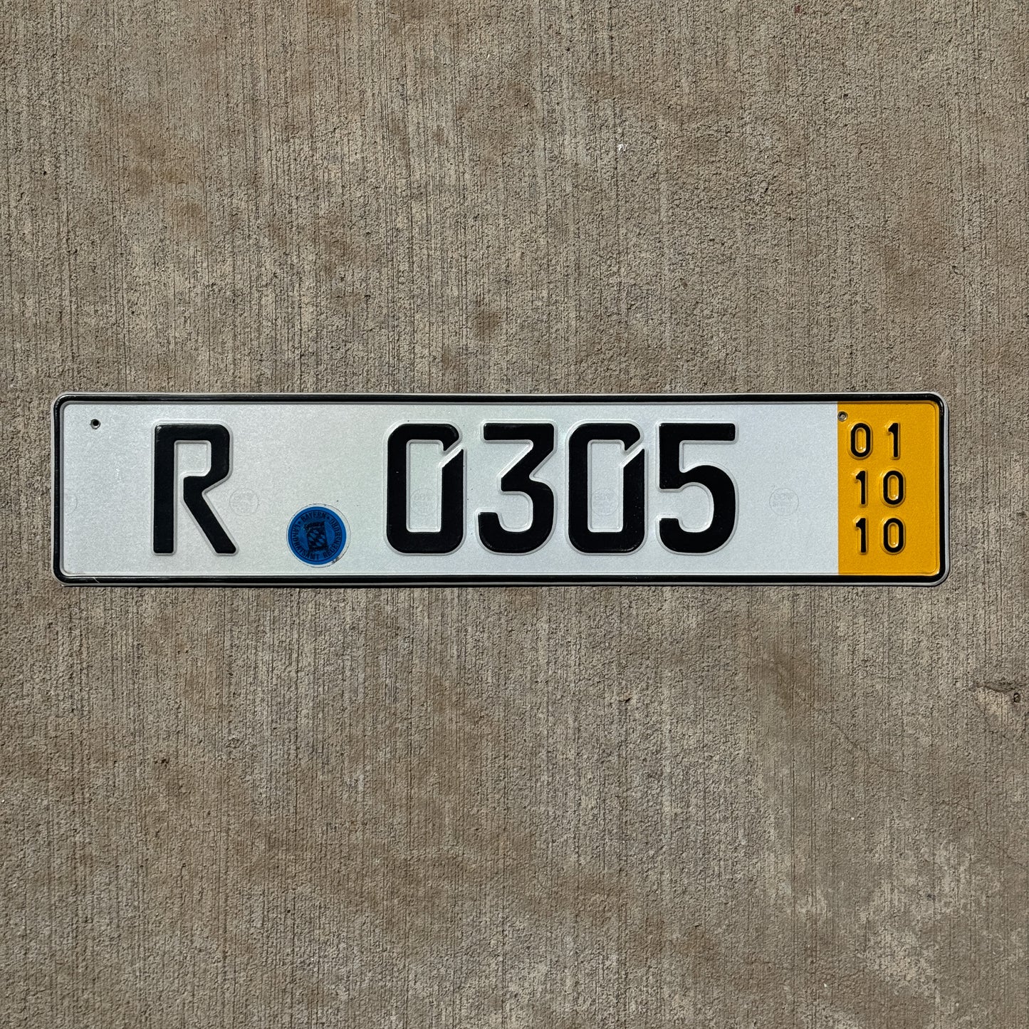 Photo of a 2001 Germany Export License Plate Auto Tag Garage Decor Vintage Bavaria R 0305 with original patina
