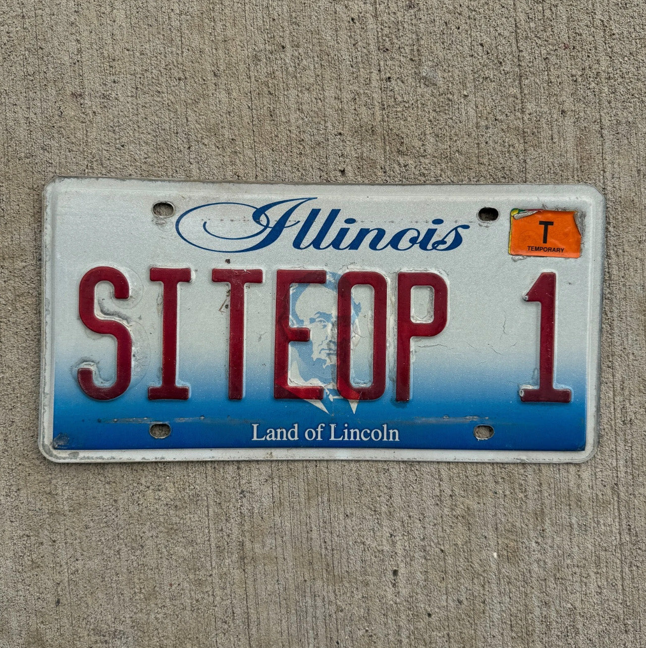Photo of a 2001 Illinois Vanity License Plate Auto Tag 1 Garage Decor Personalized SITE OP 1