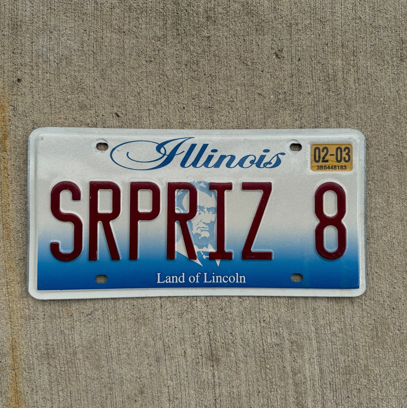 Photo of a 2001 Illinois Vanity License Plate Auto Tag 1 Garage Decor Surprise SRPRIZ 8