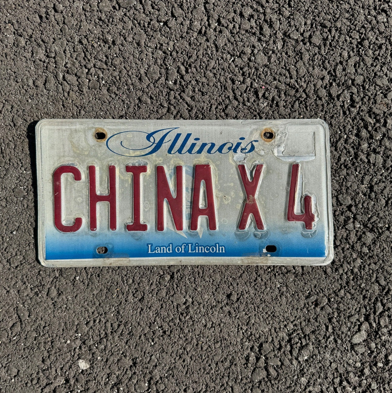 Photo of a 2001 Illinois Vanity License Plate Auto Tag Garage Decor Vintage Kids Travel CHINA X 4