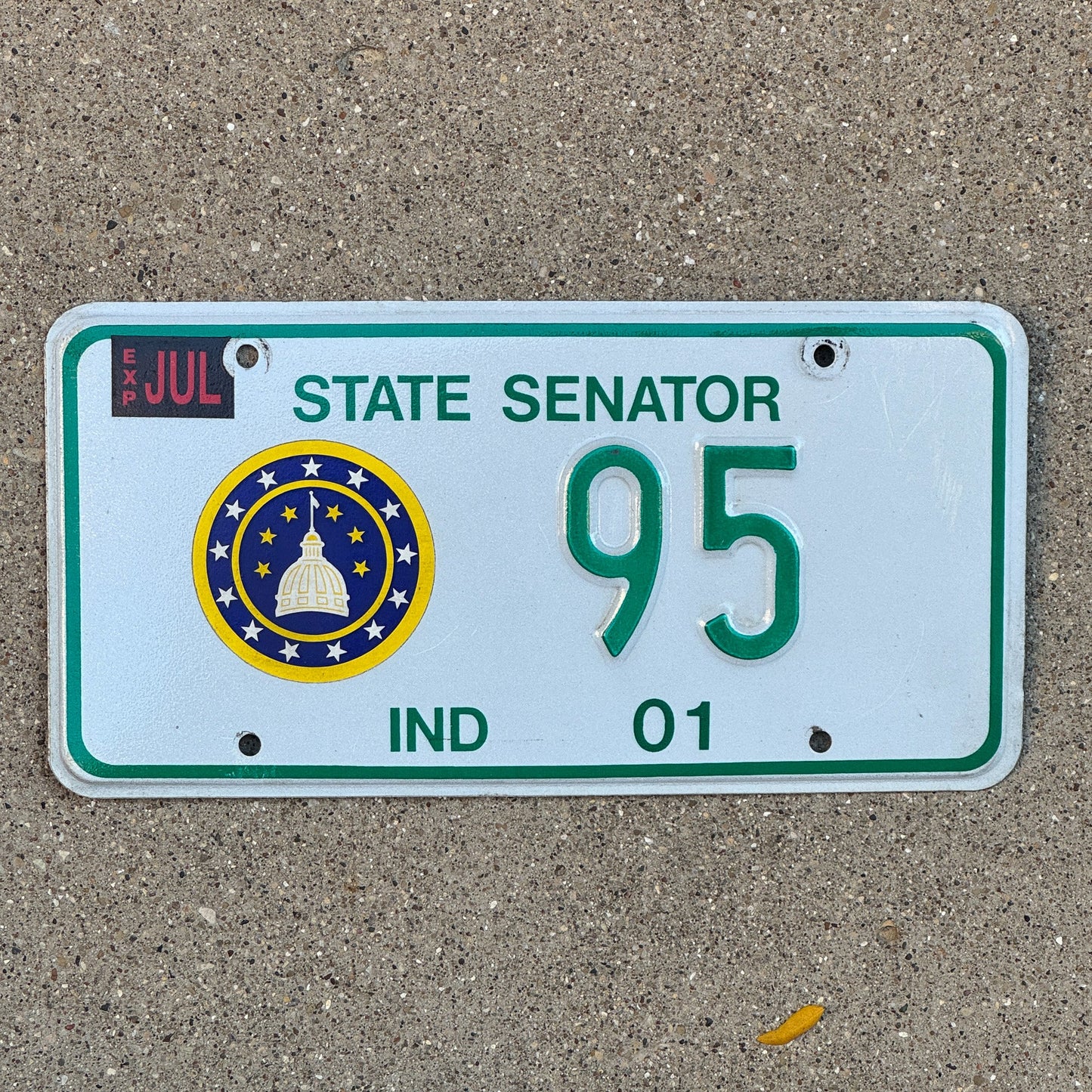 Photo of a 2001 Indiana State Senator License Plate Auto Tag Garage Decor Vintage 95 with original patina
