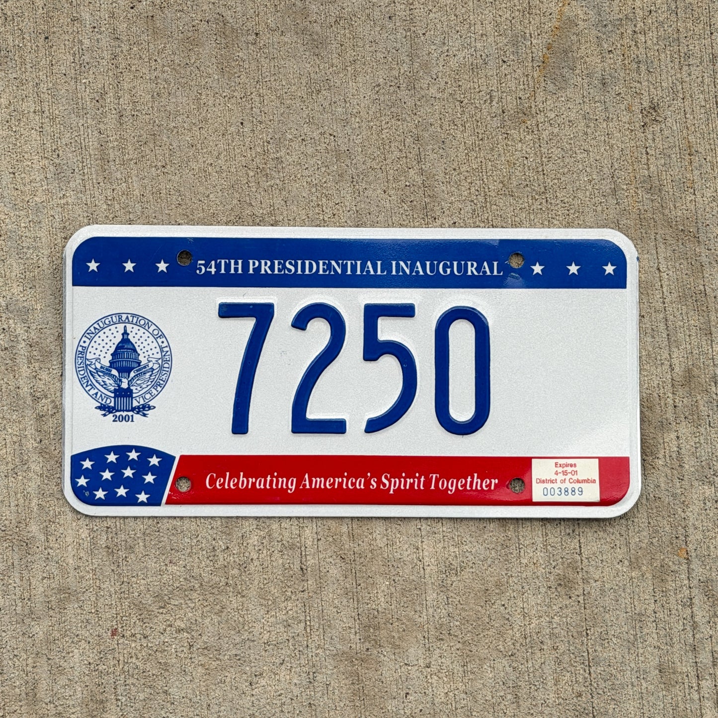 Photo of a 2001 Washington DC Inaugural License Plate Auto Tag 2 Vintage Garage Bush Politics Political 7250 with original patina