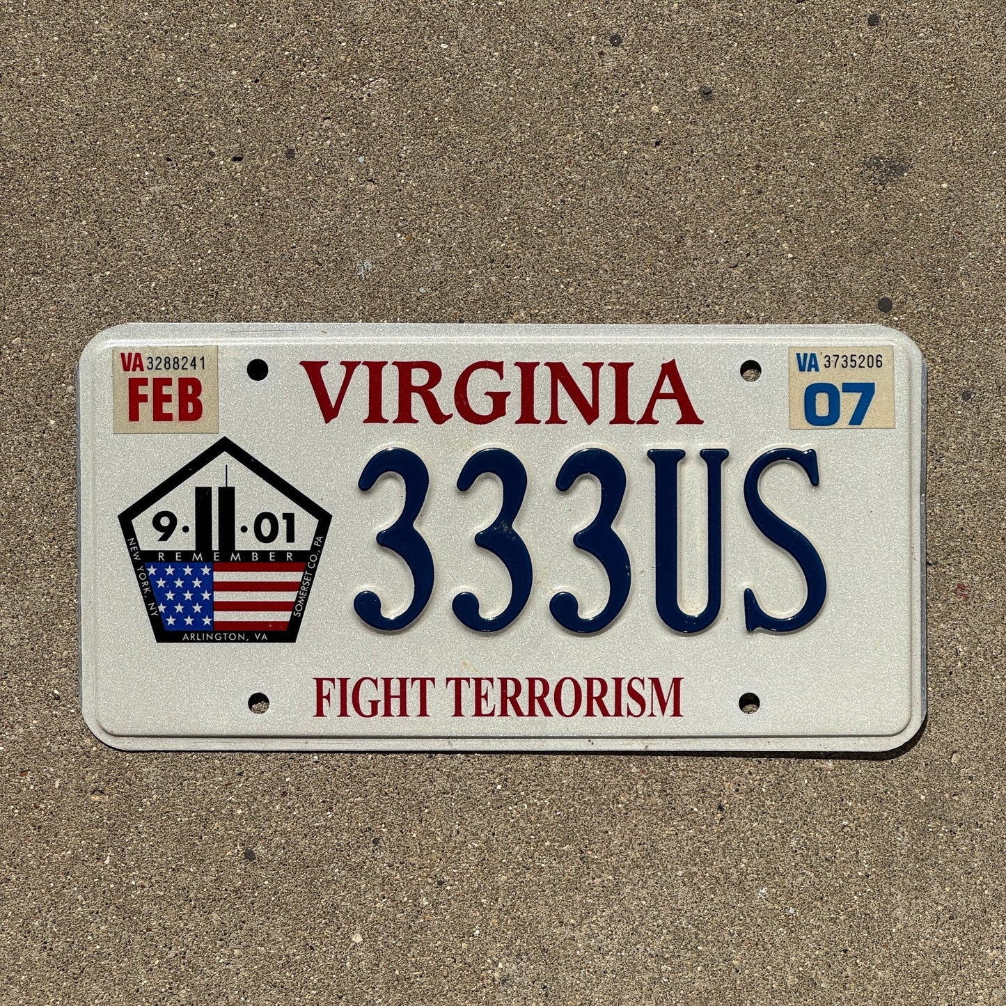 Photo of a 2002 2007 Virginia Graphic / Specialty License Plate Auto Tag Garage Decor Vintage Repeat Repeating Fight Terrorism Vanity 333 US