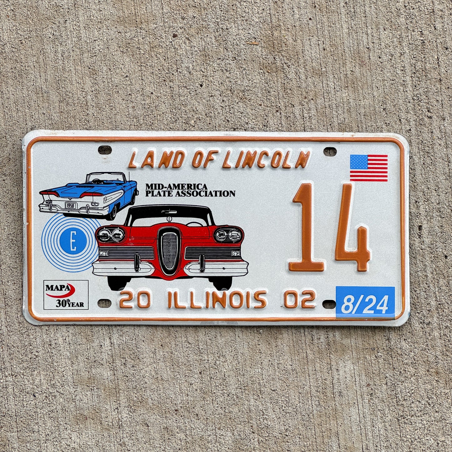 Photo of a 2002 Illinois Event License Plate Auto Tag Garage Decor Vintage Ford Edsel MAPA 14 with original patina