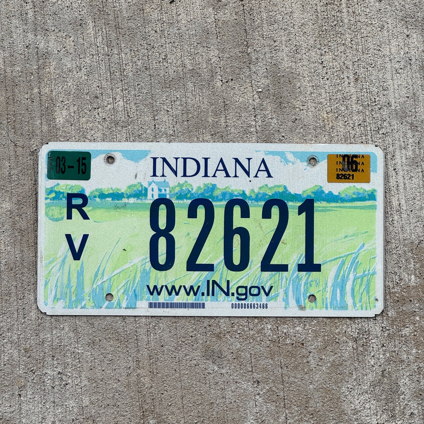 Photo of a 2004 2006 Indiana RV License Plate Auto Tag Garage Decor Vintage 82621 with original patina