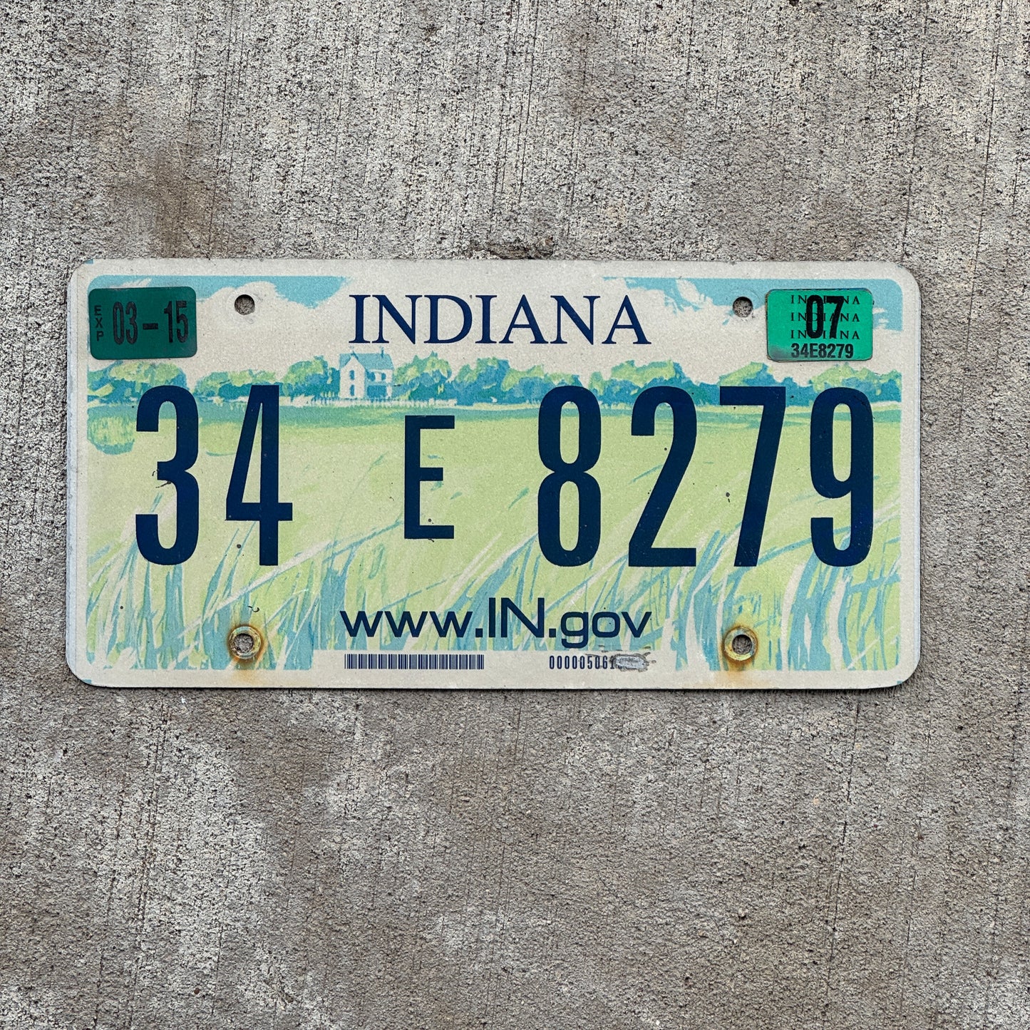 Photo of a 2004 2007 Indiana License Plate Auto Tag Garage Decor Vintage 34 E 8279 with original patina