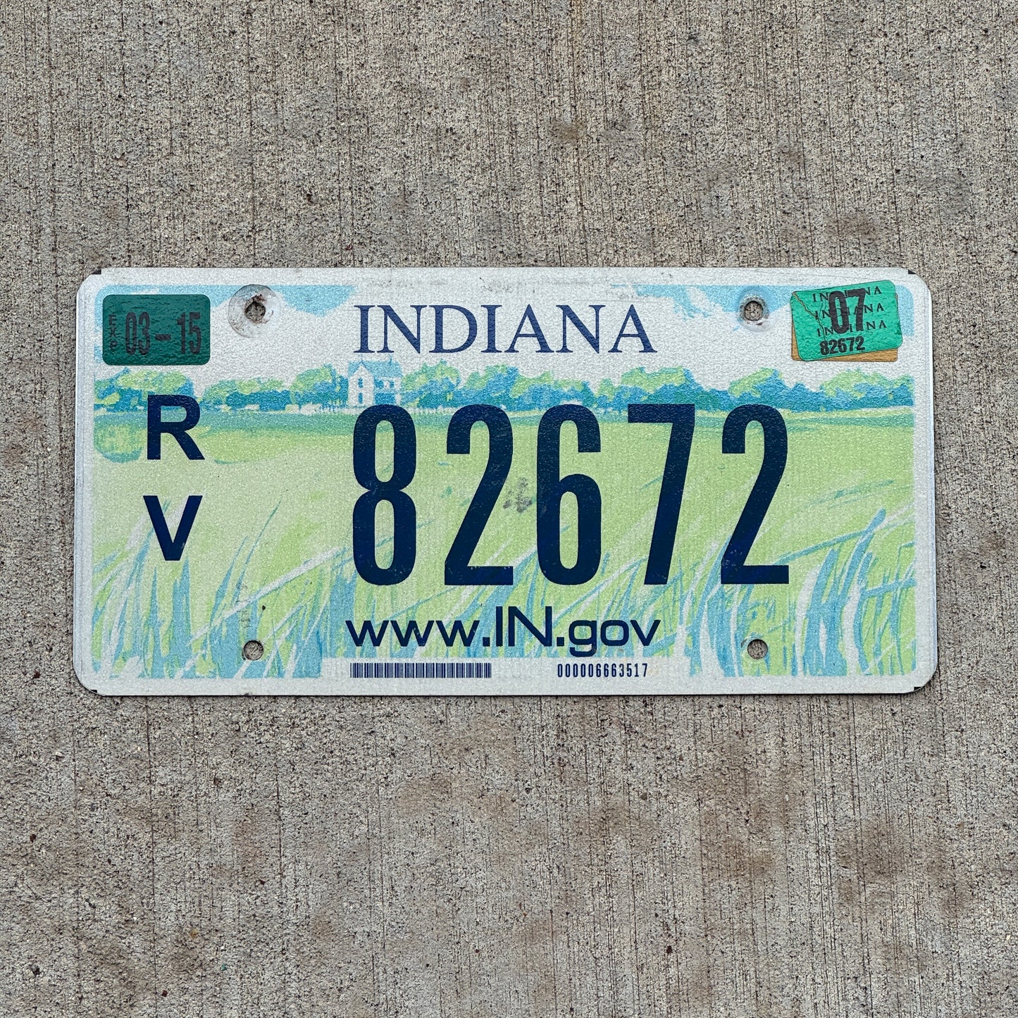 Photo of a 2004 2007 Indiana RV License Plate Auto Tag Garage Decor Vintage 82672 with original patina