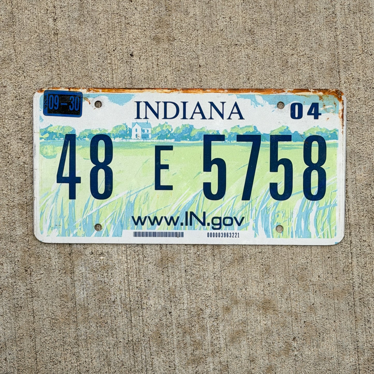 Photo of a 2004 Indiana License Plate Auto Tag Garage Decor Vintage 48 E 5758 with original patina