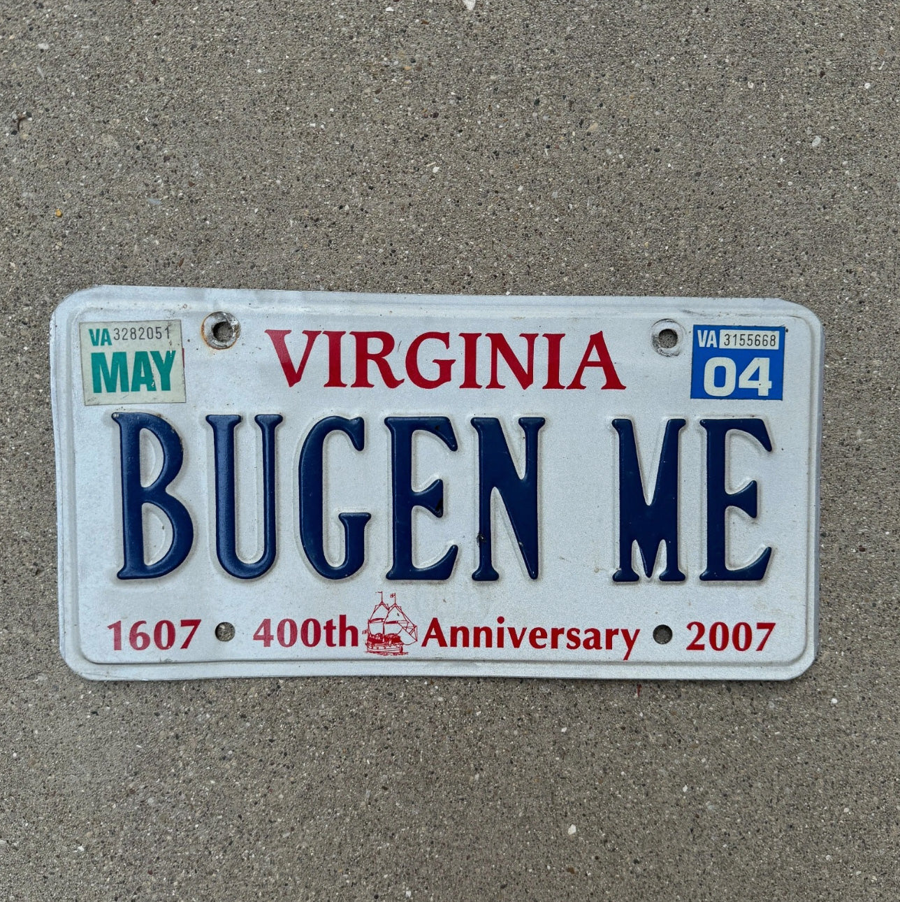Photo of a 2004 Virginia Vanity License Plate Auto Tag Garage Decor Vintage Insect Bug Buggin' Bugging Me BUGEN ME