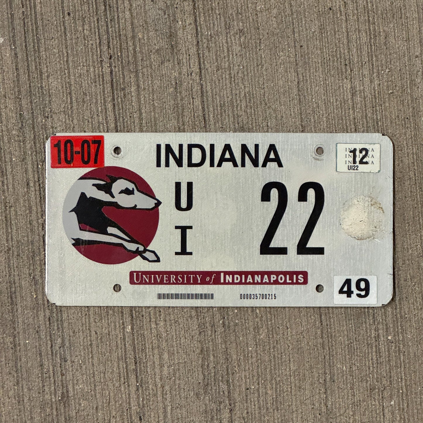 Photo of a 2007 Indiana University of Indianapolis License Plate Auto Tag Garage Decor Vintage Low Number Two Digit Greyhounds UI 22