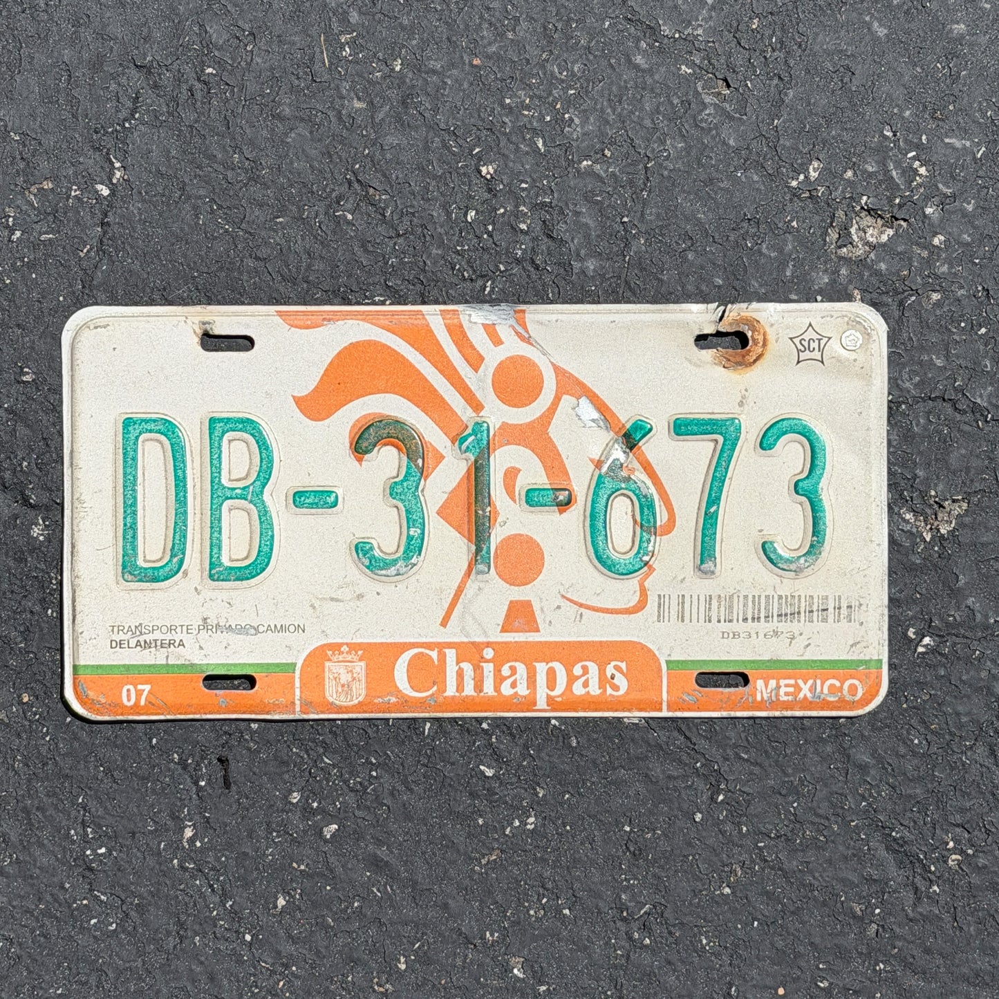Photo of a 2009 Mexico Truck License Plate Auto Tag Garage Decor Vintage Chiapas DB 31 673 with original patina