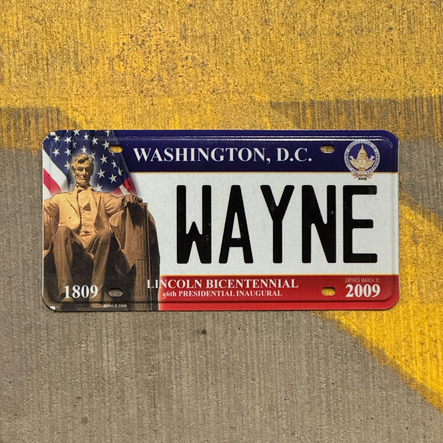 Photo of a 2009 Washington DC Inaugural Vanity License Plate Auto Tag Garage Decor Vintage Obama Inauguration Politics Political WAYNE with original patina