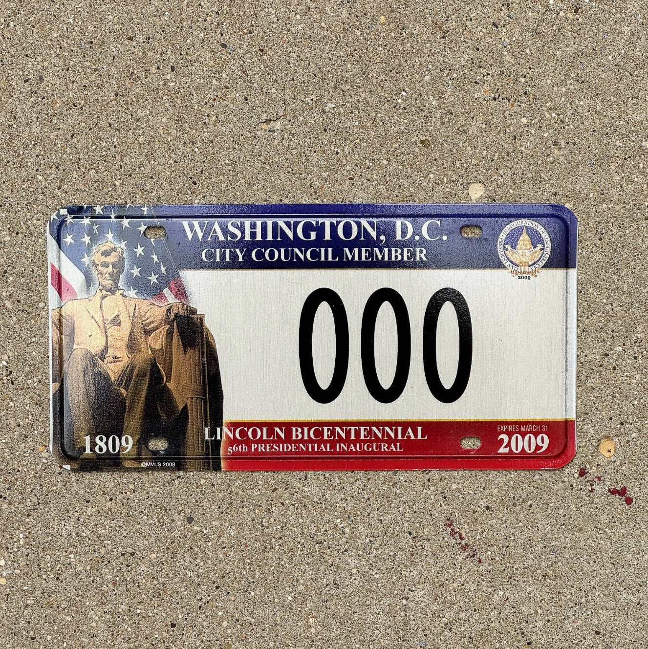Photo of a 2009 Washington DC Sample License Plate Auto Tag Garage Decor Vintage City Council Member Oddball Type 000 with original patina