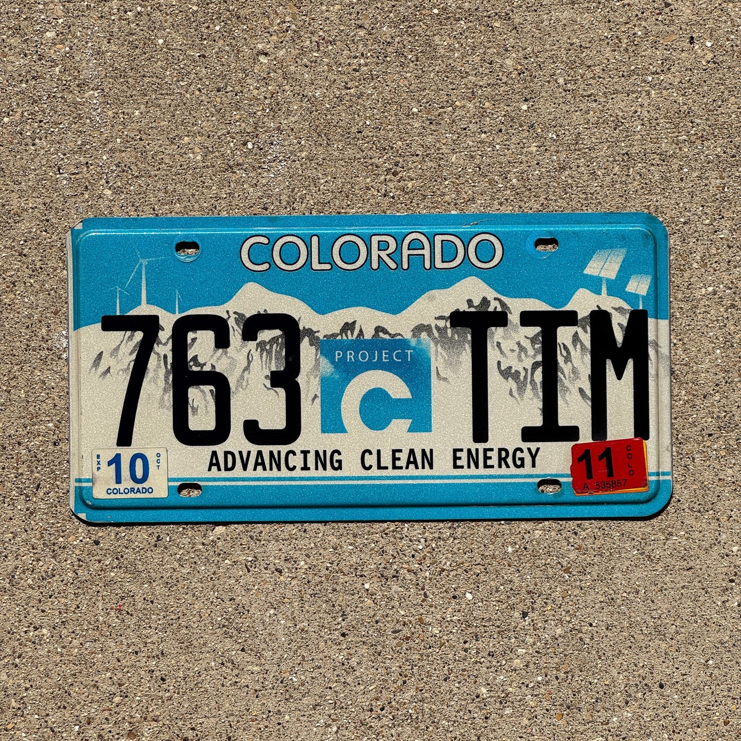 Photo of a 2011 Colorado Graphic / Specialty License Plate Auto Tag Garage Decor Vintage Clean Energy Timothy 763 TIM
