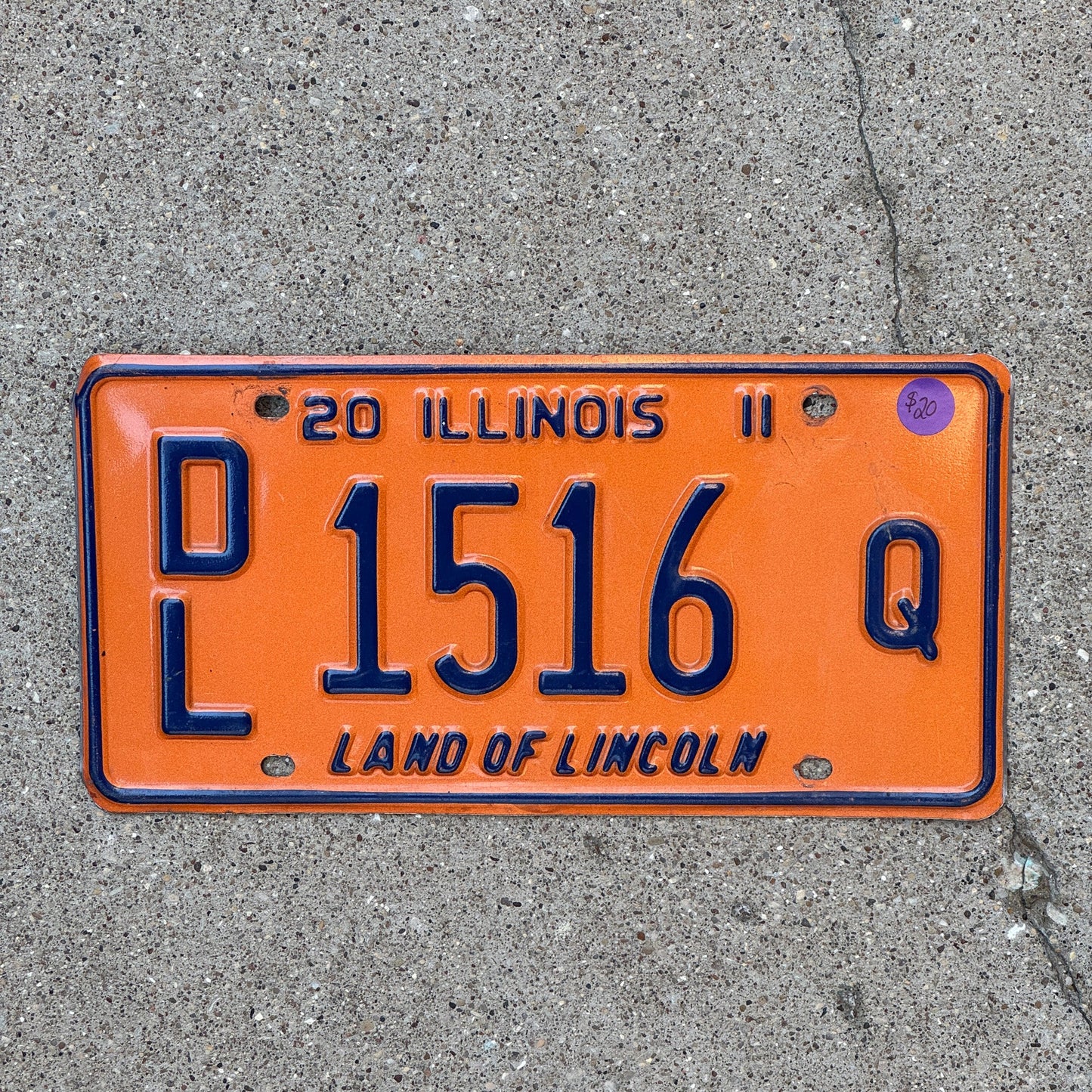 Photo of a 2011 Illinois Dealer License Plate Auto Tag Garage Decor Vintage Orange & Blue DC 1516 Q with original patina