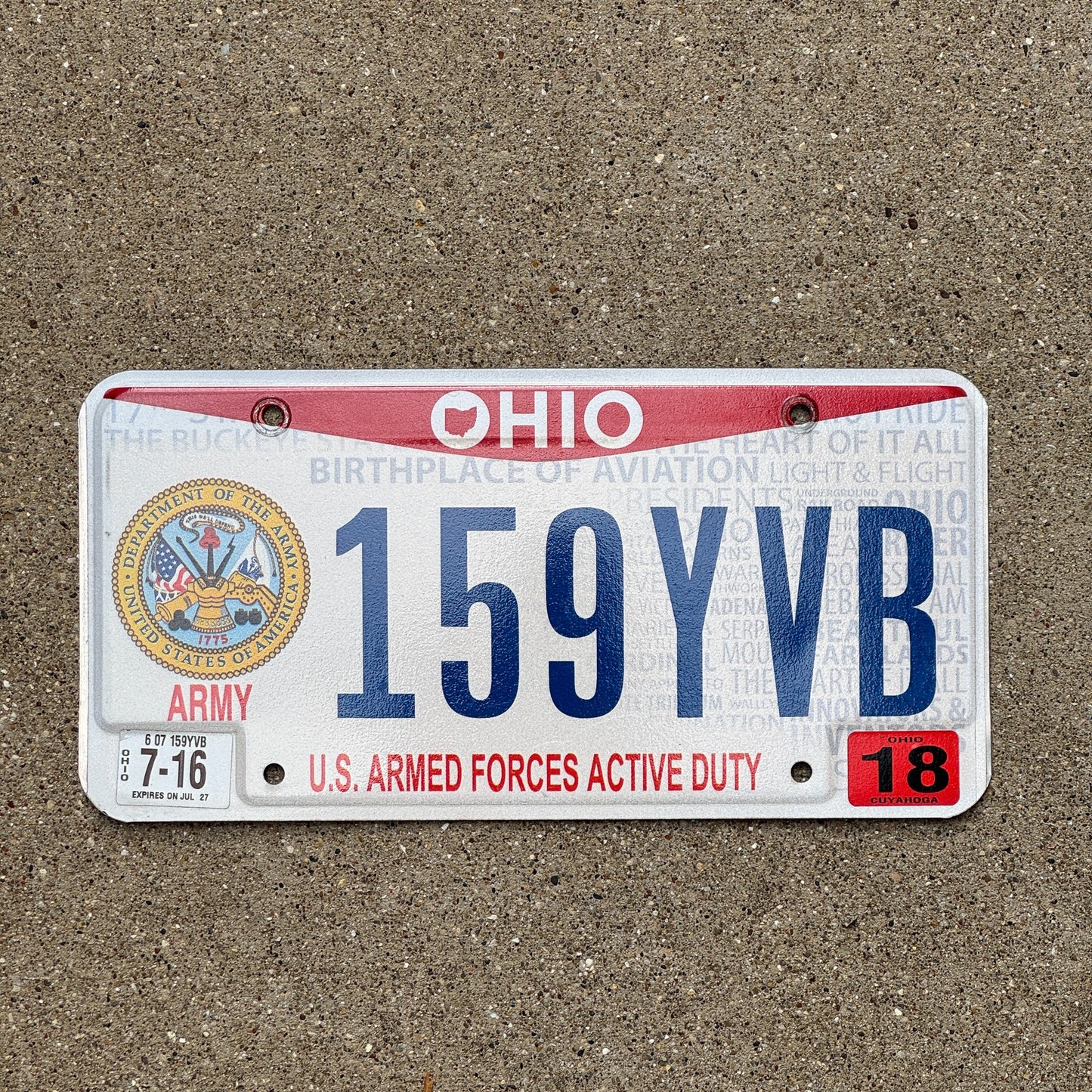 Photo of a 2013 2018 Ohio Military License Plate Auto Tag Garage Decor Vintage Active Duty Army 159 YVB