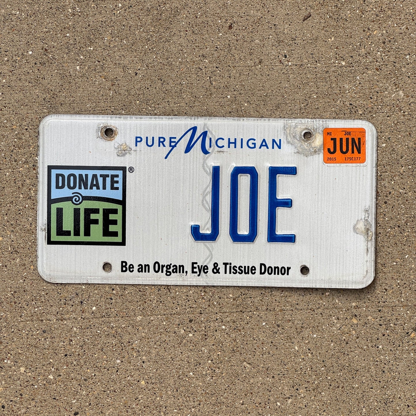 Photo of a 2013 Michigan Graphic Vanity License Plate Auto Tag Garage Decor Vintage Donate Life Organ Donor JOE