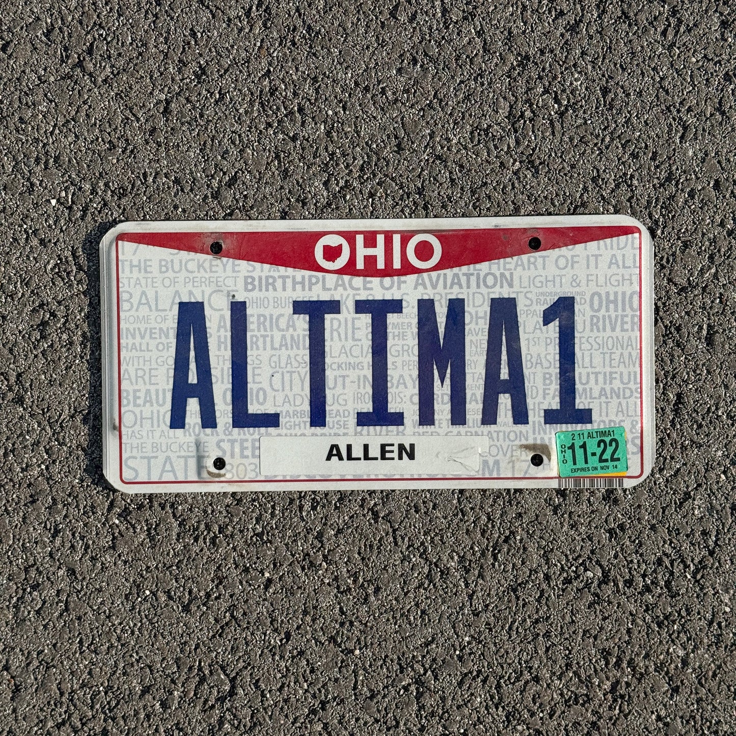 Photo of a 2013 Ohio VANITY License Plate Auto Tag Garage Decor Vintage Car Make Model ALTIMA1