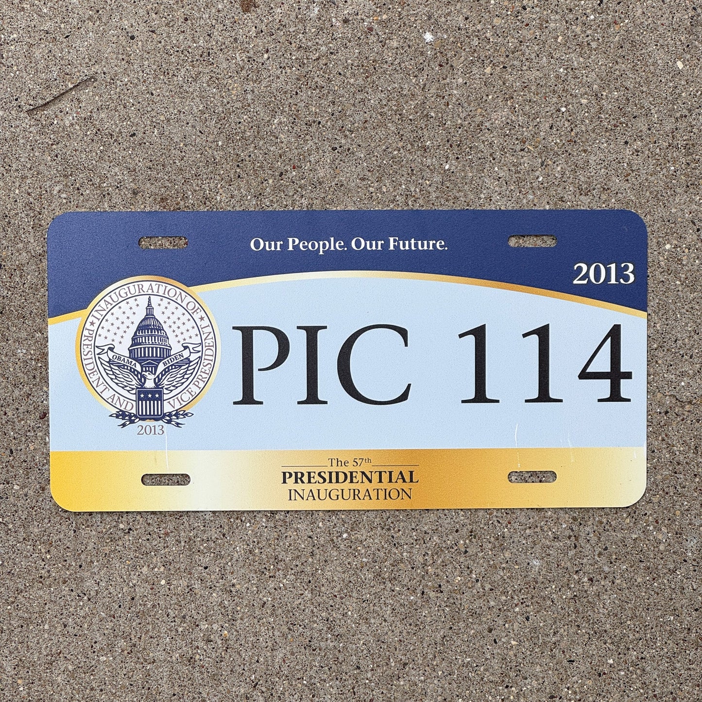 Photo of a 2013 Washington DC Presidential Inaugural Committee License Plate Auto Tag Garage Decor Vintage Obama Inauguration Official Vehicle Politics Political PIC 114 with original patina