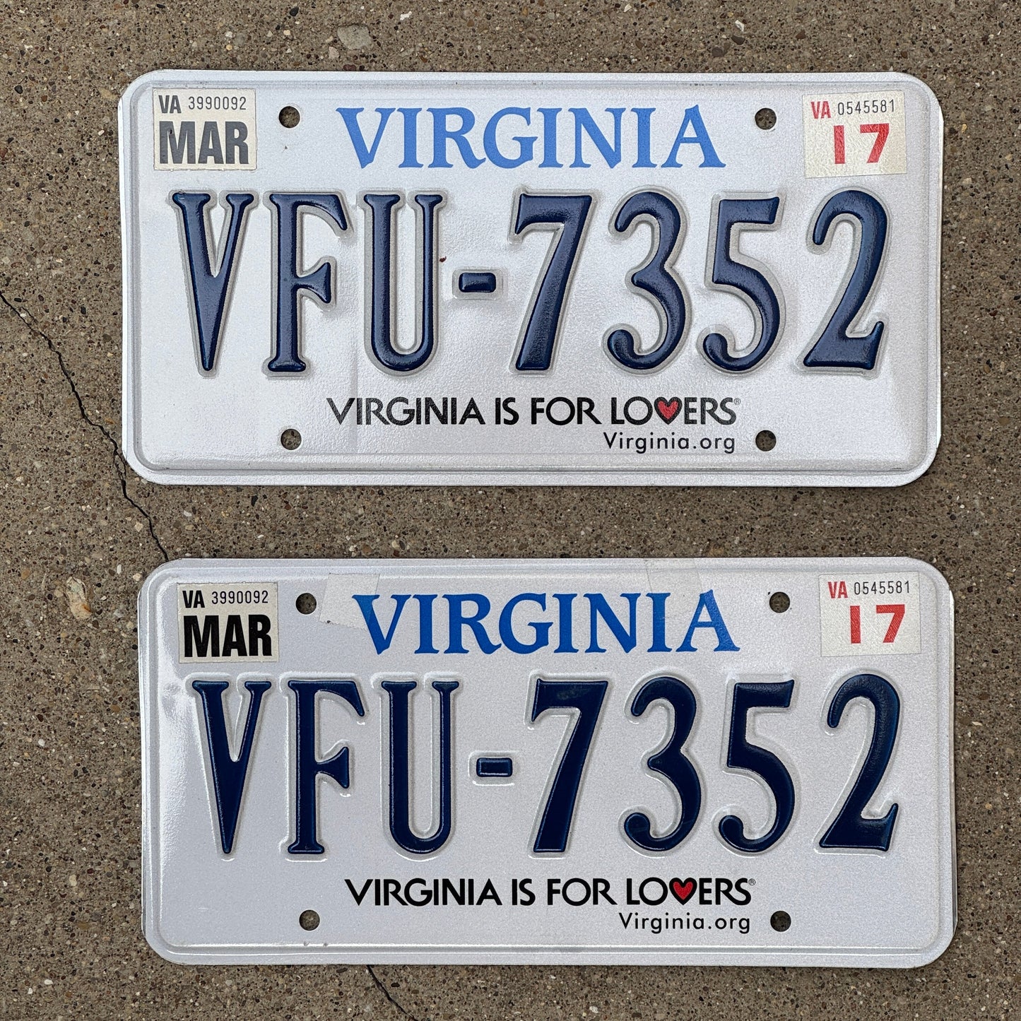 Photo of a 2014 Virginia License Plate Pair Auto Tag Garage Decor Vintage VFU 7352