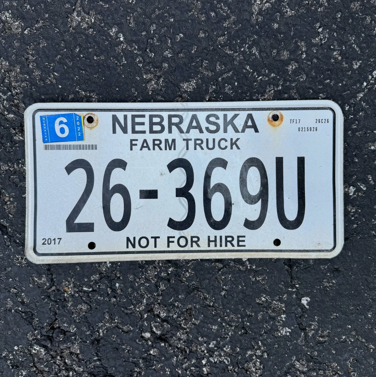 Photo of a 2017 Nebraska Farm Truck License Plate Auto Tag Garage Decor Vintage 26369 U