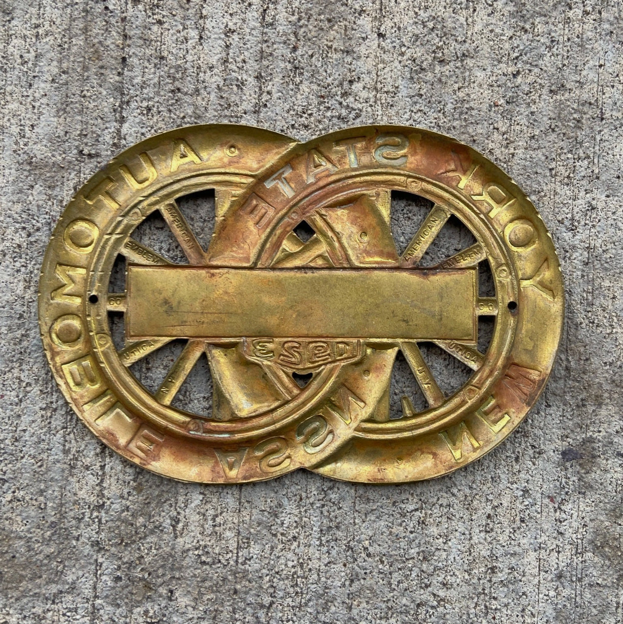 1923 Binghampton New York License Plate Topper Auto Tag AAA Brass Car Badge Motor Club Automobile
