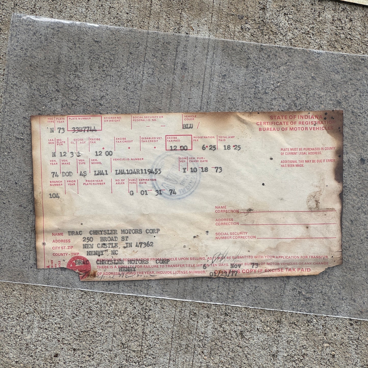1974 Indiana License Plate Auto Tag With Registration 33 B 7744