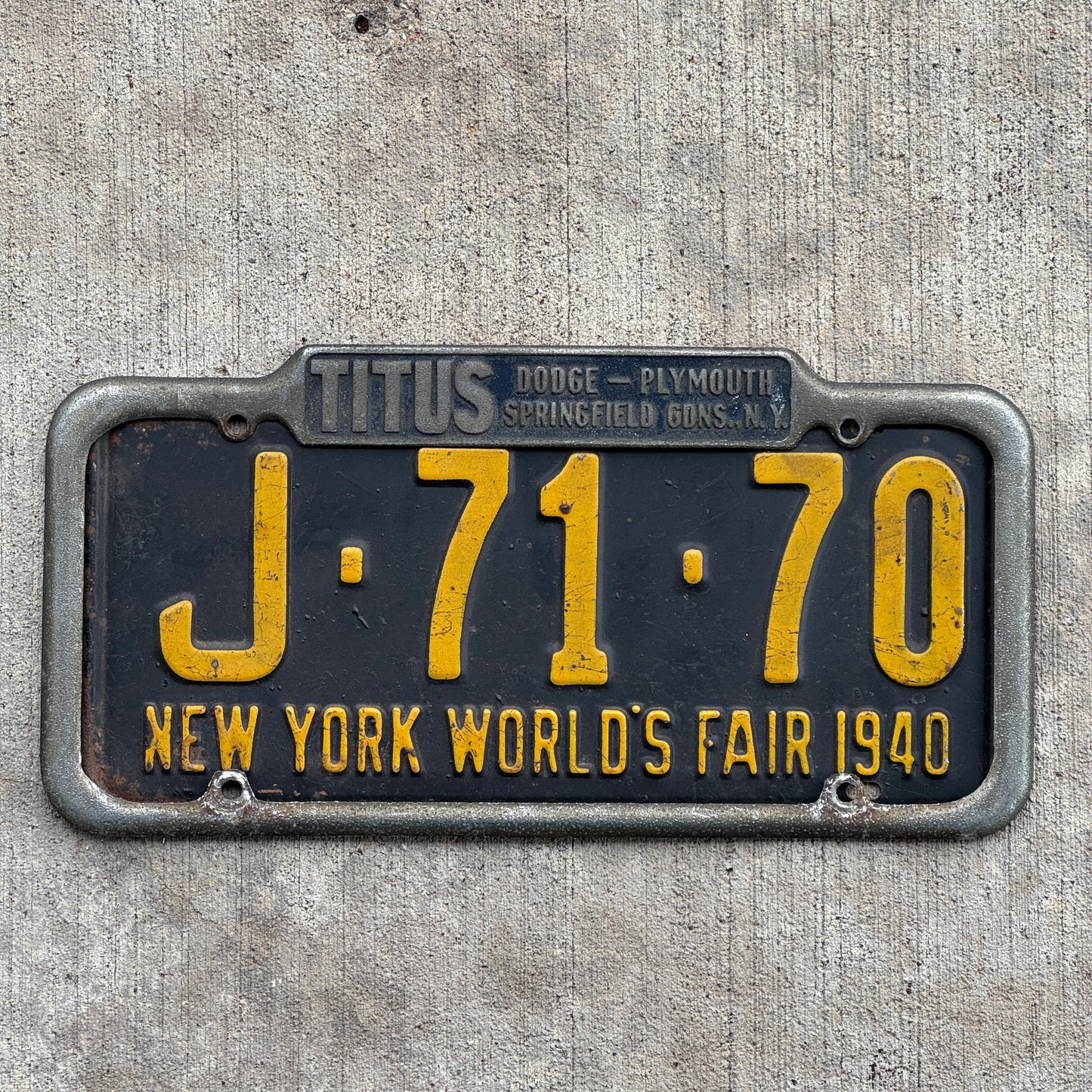 1940 Era Titus Springfield Gardens New York License Plate Frame Auto Tag Dodge Plymouth Dealer