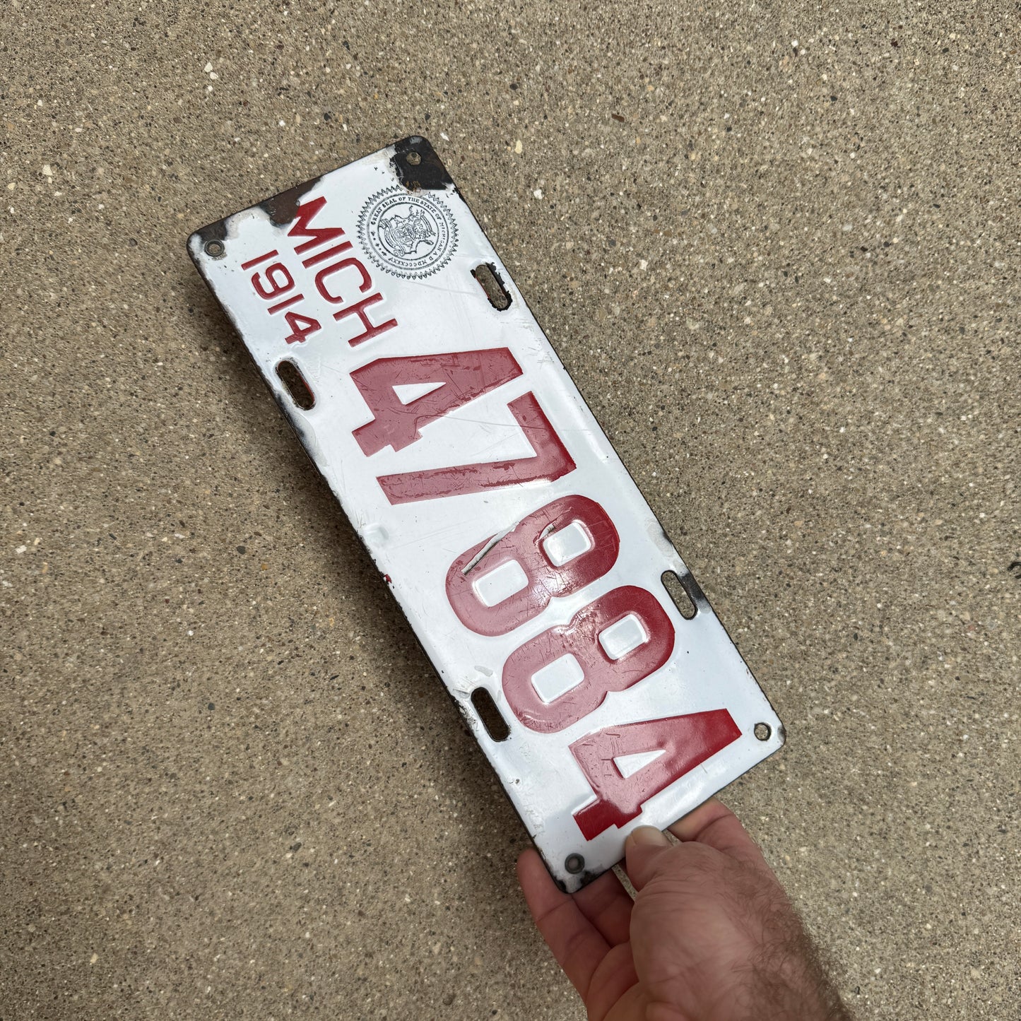 1914 Michigan Porcelain License Plate Auto Tag 47884