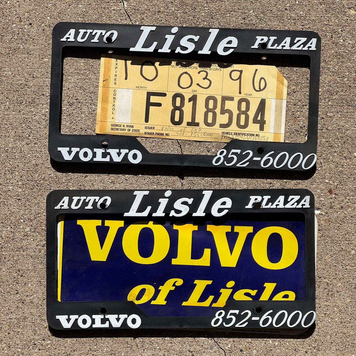2000 Era Volvo Lisle Illinois License Plate FramePair Auto Tag Garage Decor and Ephemera