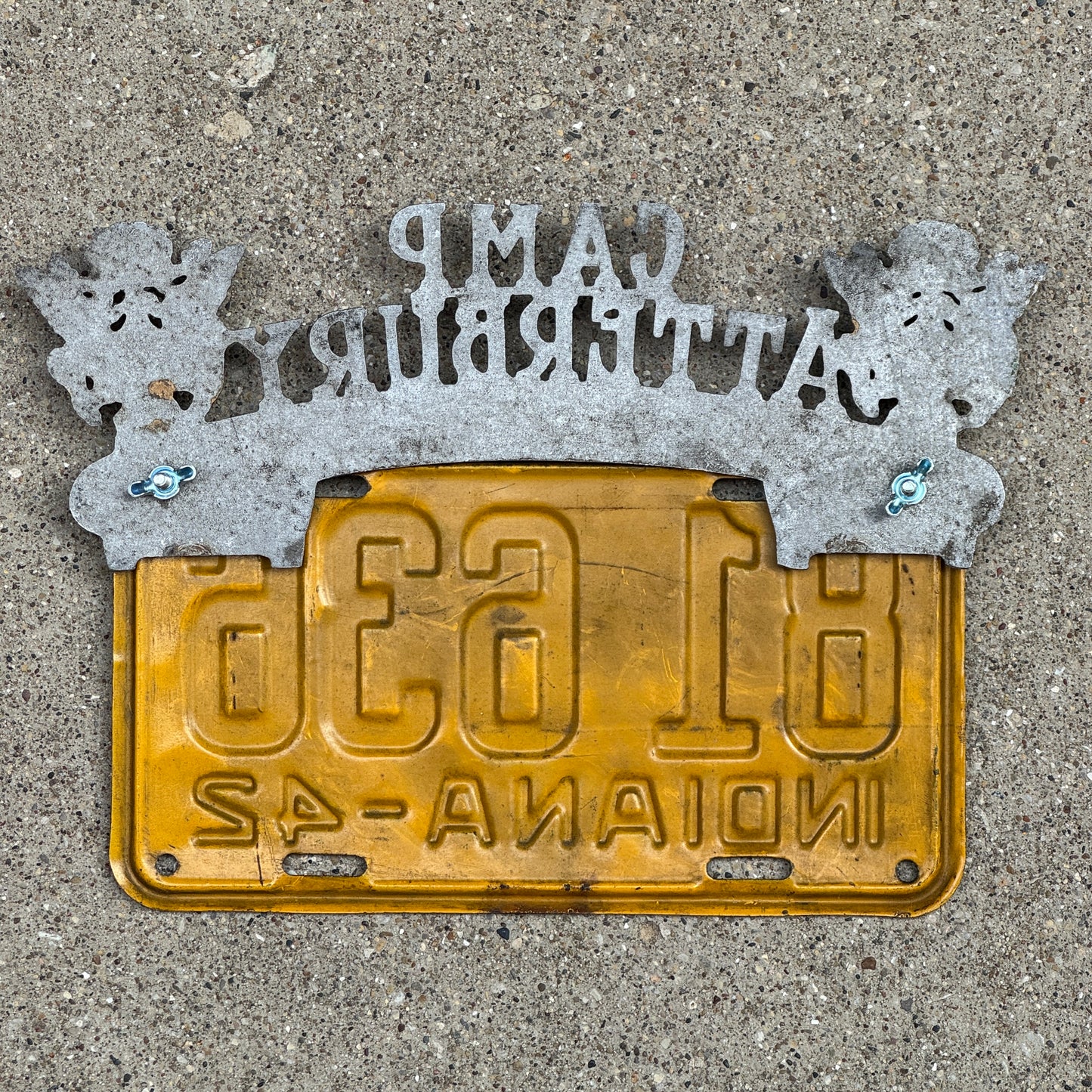 1940 Era Camp Atterbury Indiana License Plate Topper Auto Tag with 1942 Indiana License Plate and Jewel Reflectors 81 636