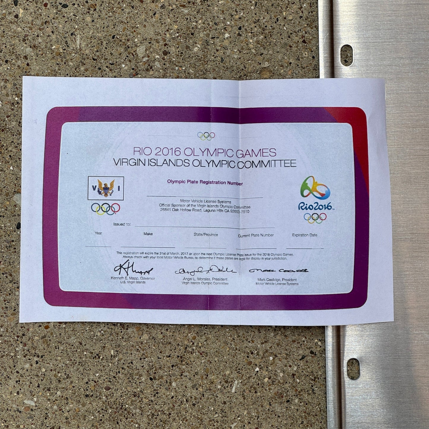Document related to Rio 2016 Olympic Games Virgin Islands Olympic Committee license plate