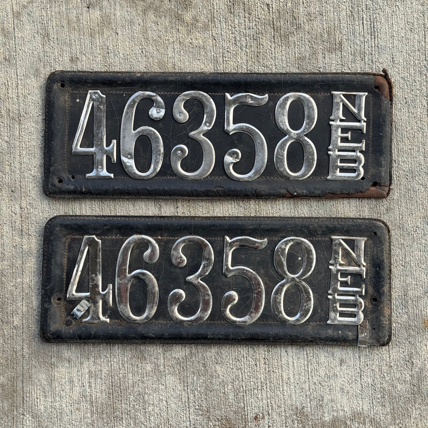 1913 Nebraska Leather Prestate License Plate Pair Antique Auto Tags 46358