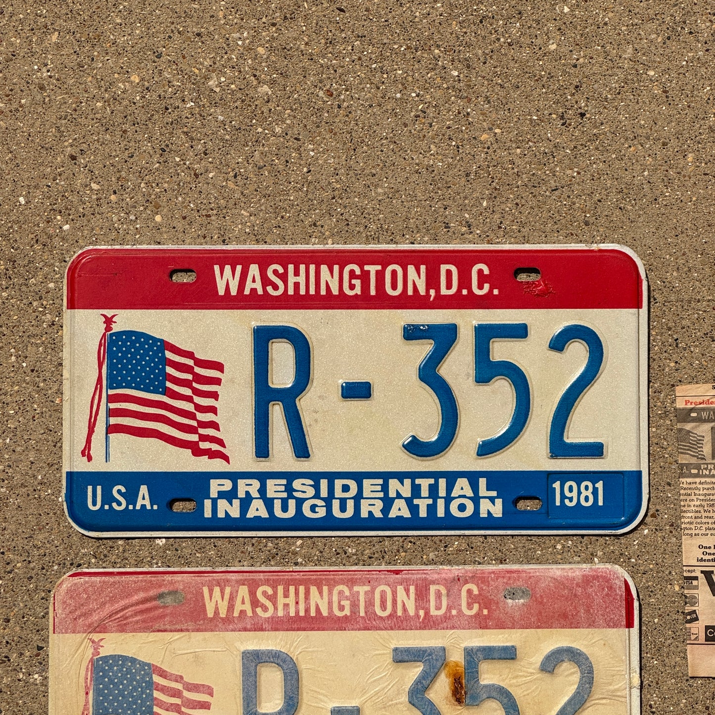 1981 Washington DC Inaugural License Plate Pair Auto Tag Reagan Inauguration with Provenance Clipping R 352
