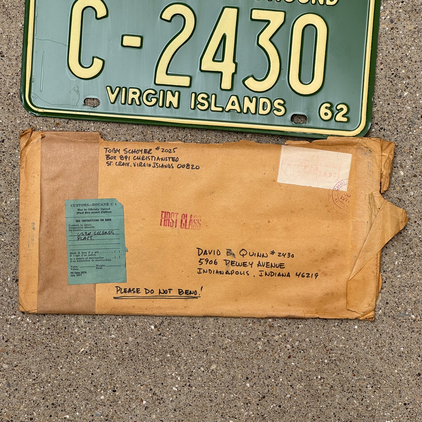 1962 Virgin Islands License Plate Auto Tag with Envelope C 2430