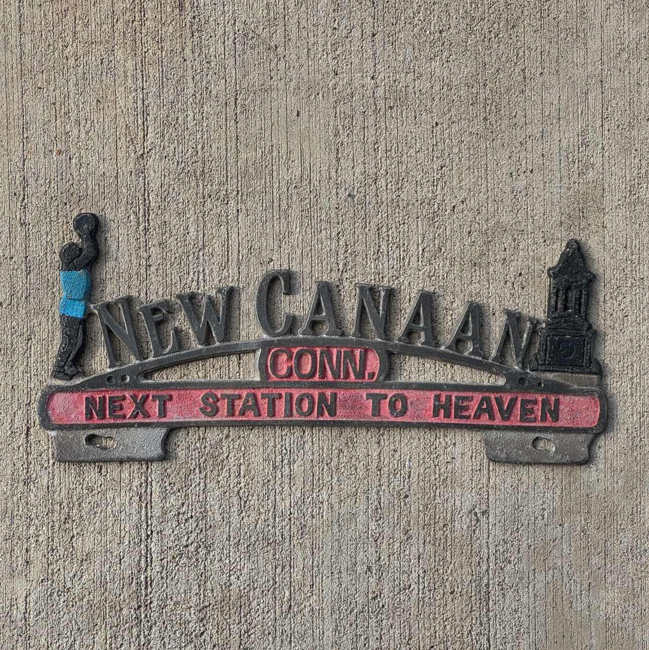 Photo of a Connecticut License Plate Topper Cast Aluminum Next Station to Heaven New Canaan