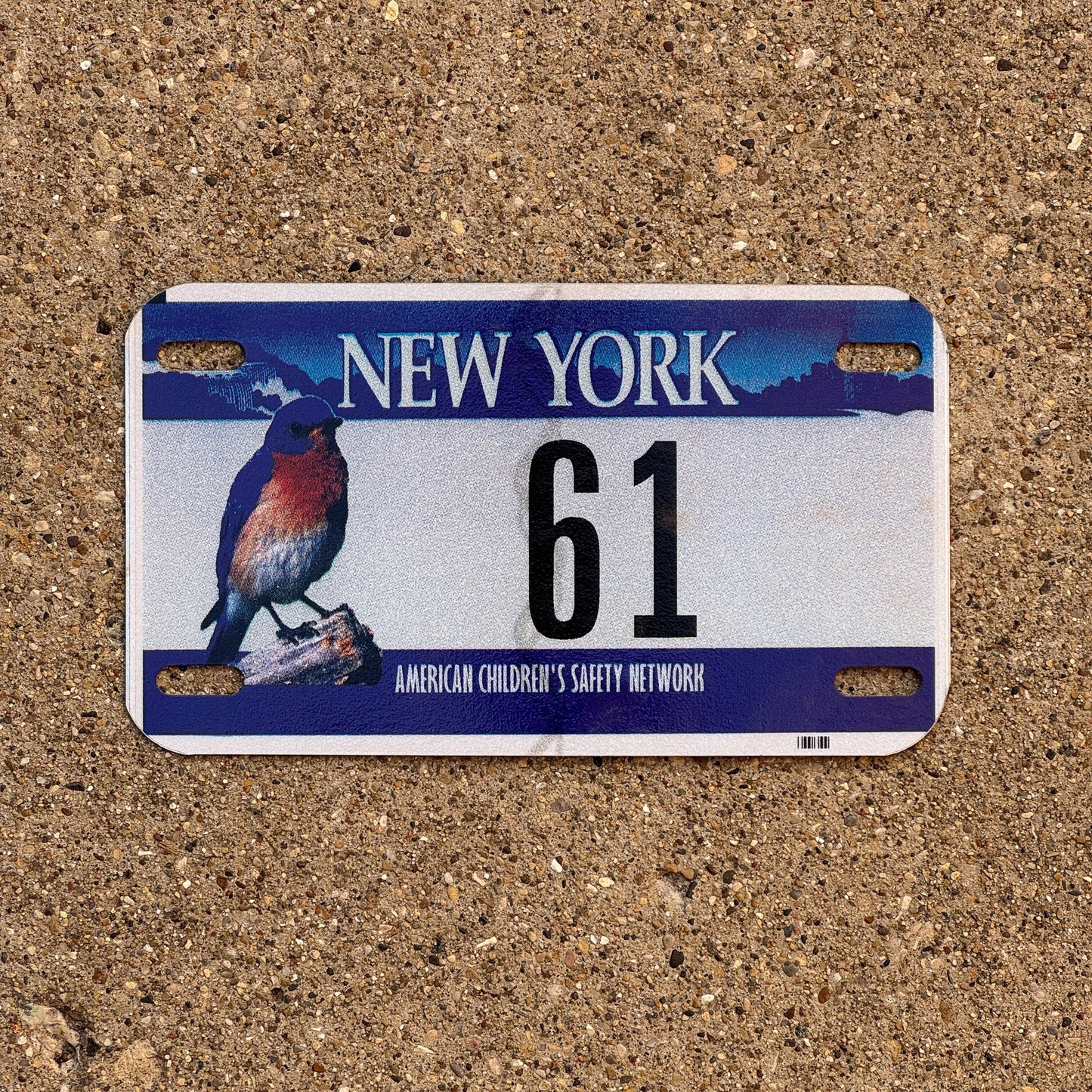 Photo of a New York MOTORCYCLE License Plate Auto Tag Garage Decor Vintage American Children's Safety Network, Two Digit 61