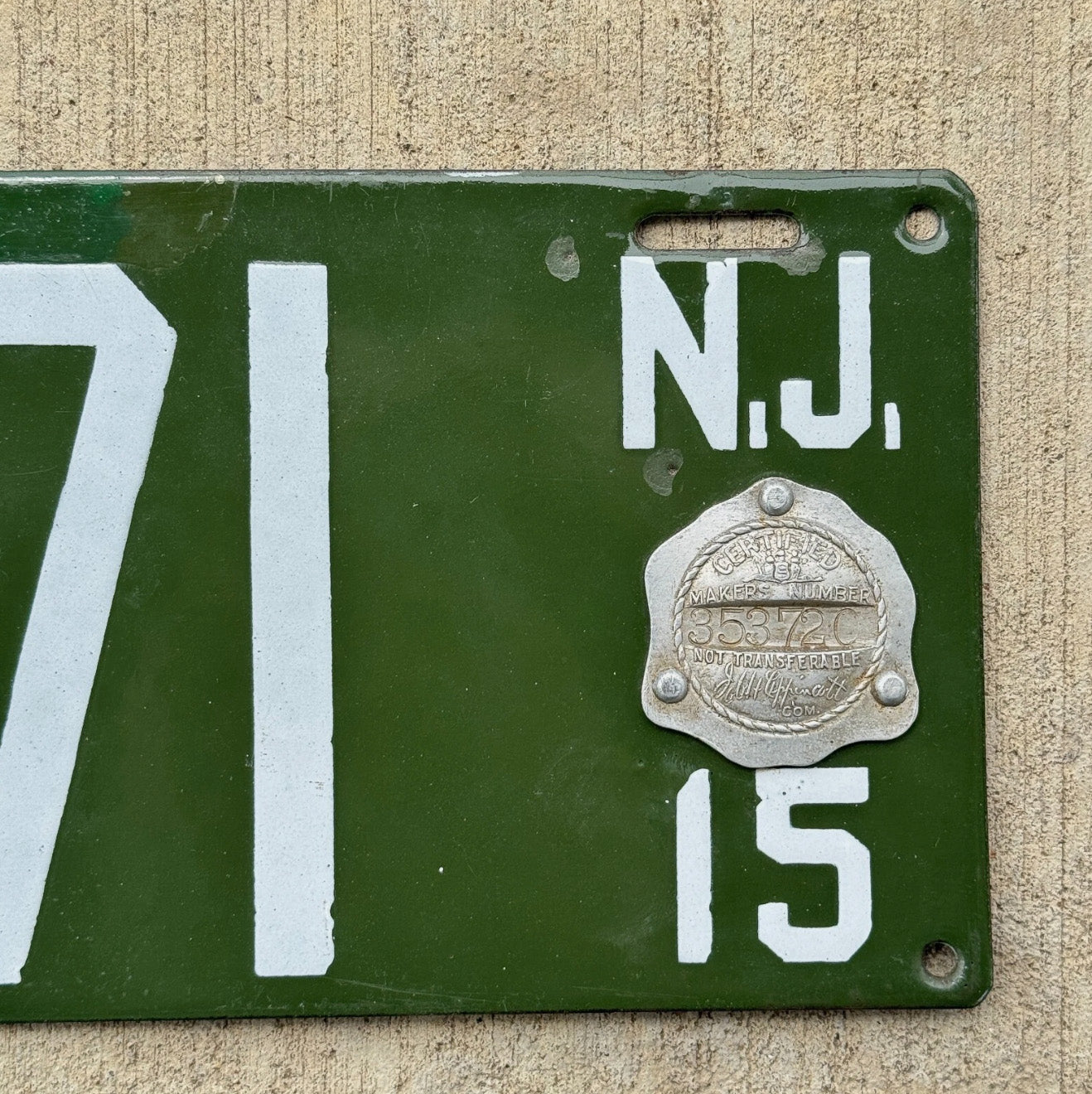 1915 New Jersey Porcelain License Plate Auto Tag Low Number Four Digit 6171