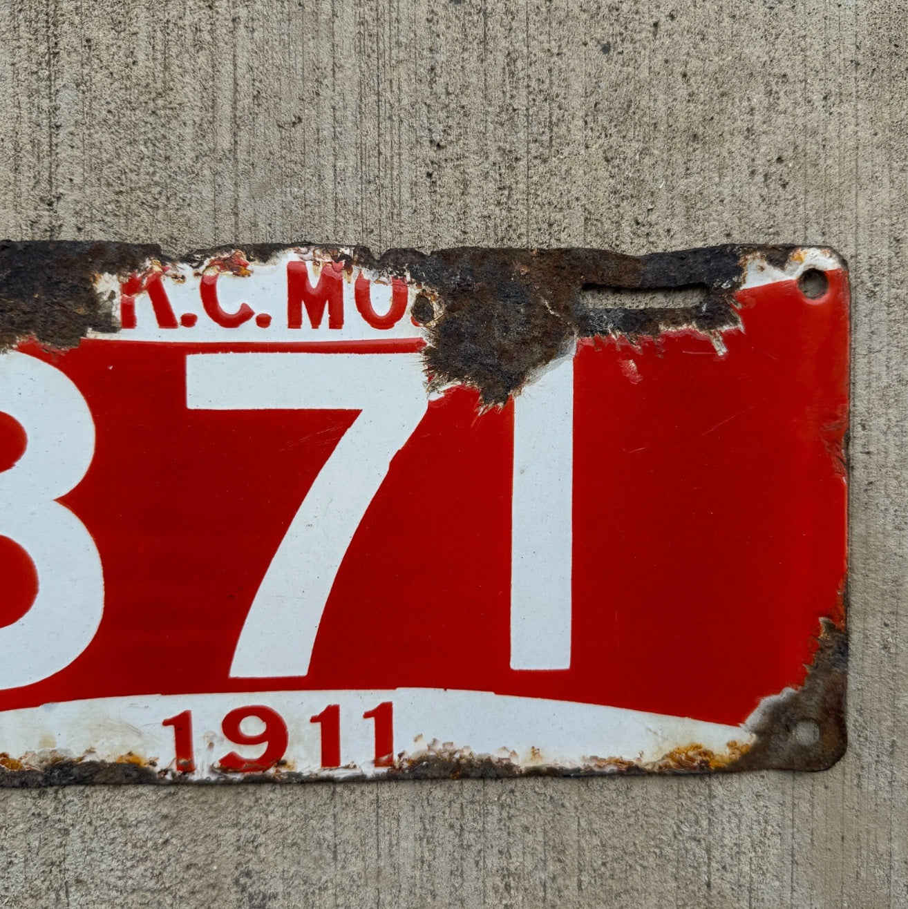 1911 Kansas City Missouri Porcelain License Plate Auto Tag 371