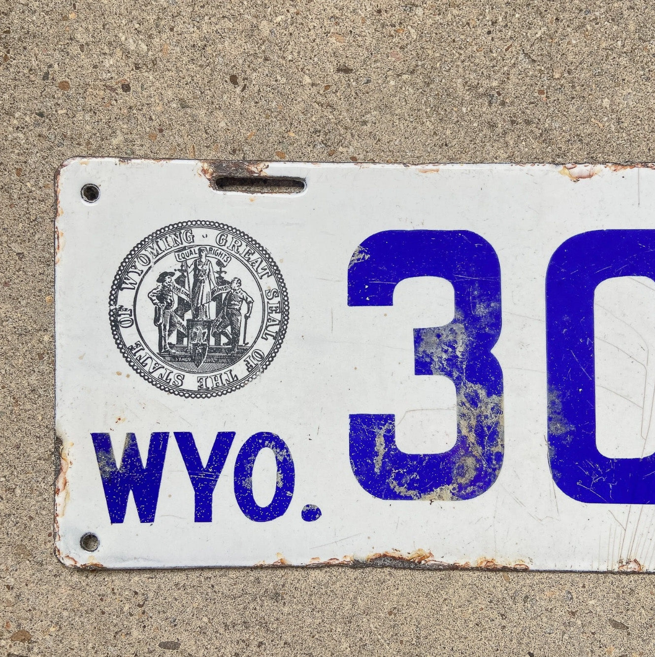 1916 Wyoming Porcelain License Plate Auto Tag Low Number Four Digit 3038