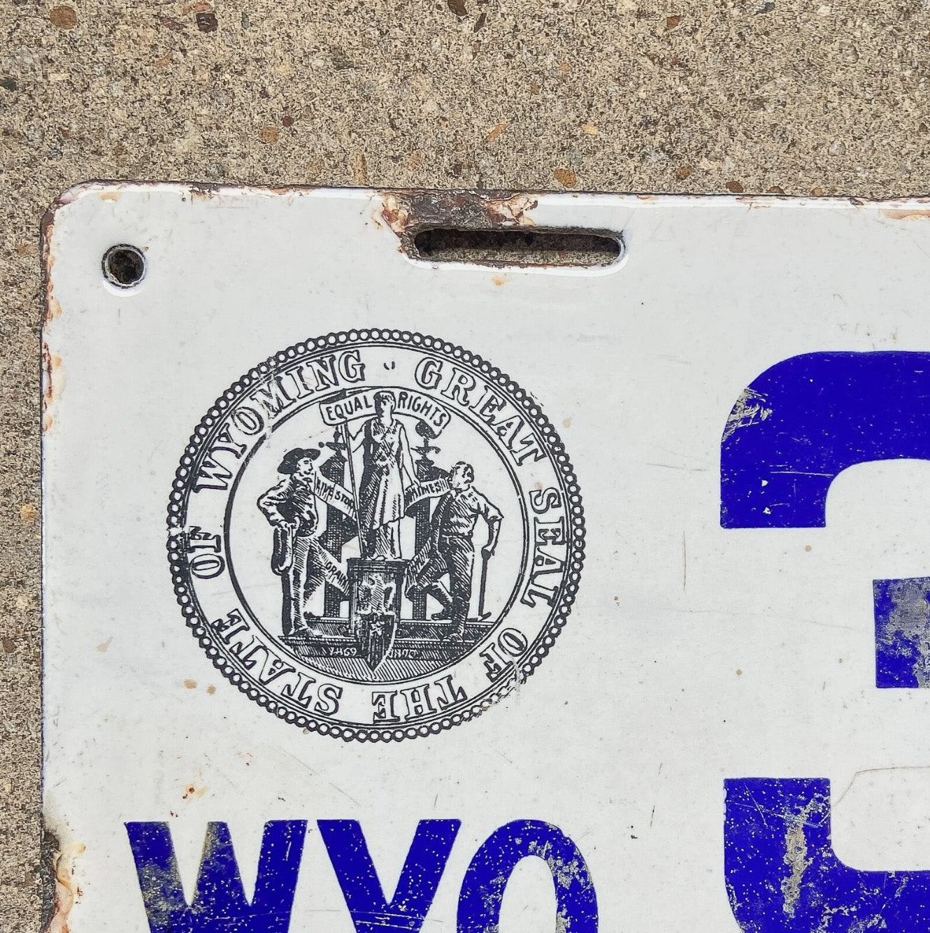 1916 Wyoming Porcelain License Plate Auto Tag Low Number Four Digit 3038