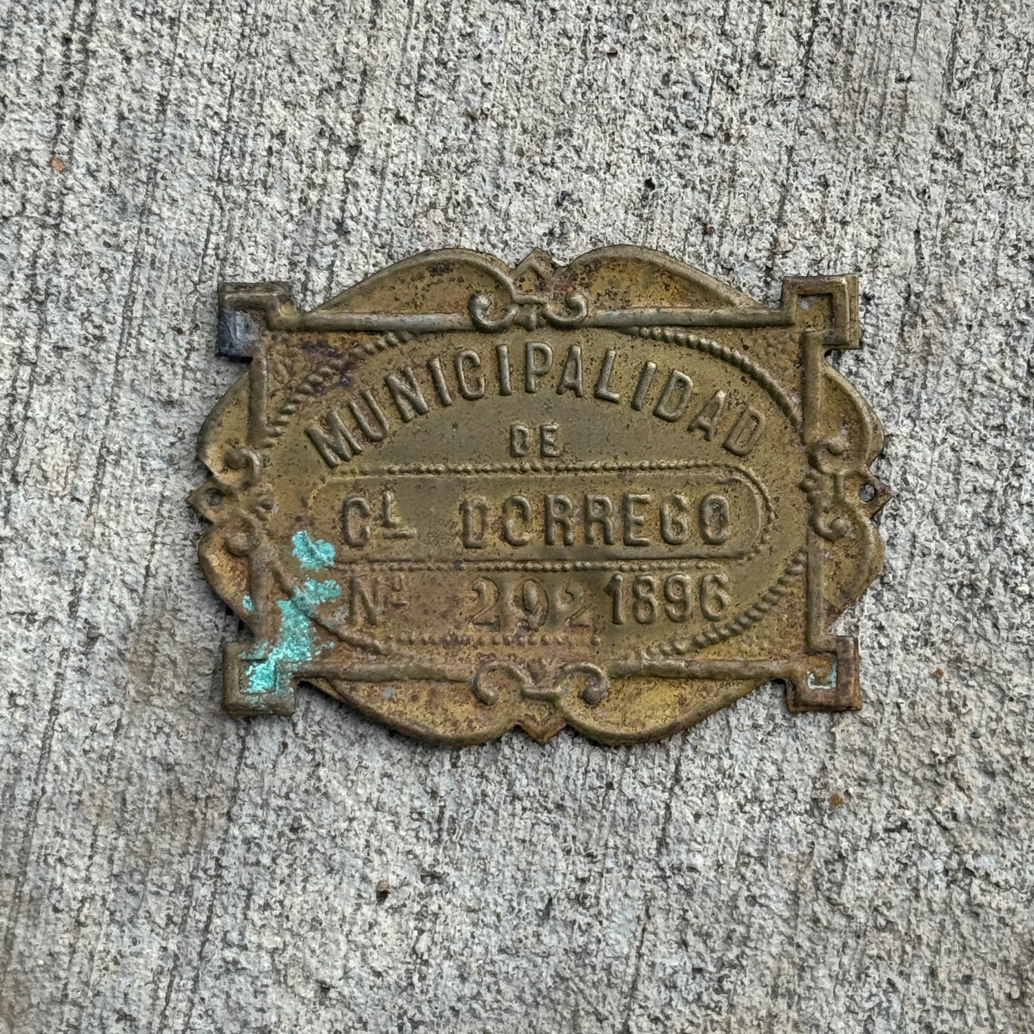 Photo of a 1896 Coronel Dorrego Argentina Auto Tag Garage Decor Vintage Badge 292 with original patina