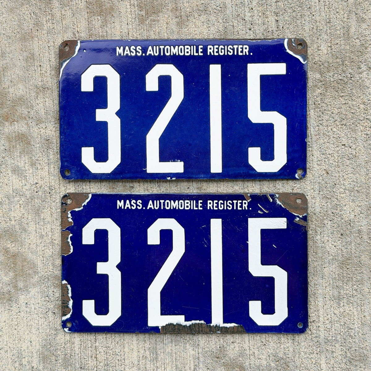Photo of a 1903 Massachusetts Porcelain License Plate Pair Auto Tag Garage Decor Vintage Low Number Four Digit 3215 with original patina